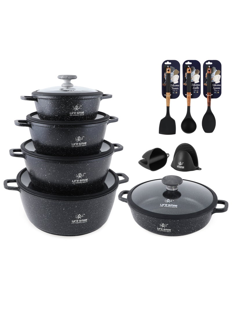 Life Smile Multi Layer Granite Non-Stick Cookware Set with Induction Bottom – 20/24/28/32cm Aluminium Soup Pots with Lid,28cm Shallow Pot with Lid,3pcs Silicone Utensils & 2pcs Silicon Gloves – Oven Safe - Image 1